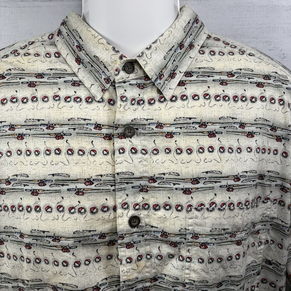 Woolrich Vintage Button Up Shirt Men's XLT XL Tall Fishing Lure Print S/S Beige